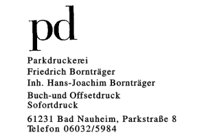 pd Parkdruckerei Friedrich Bornträger Inh. Hans-Joachim Bornträger pd Parkdruckerei Friedrich Bornträger Inh. Hans-Joachim Bornträger