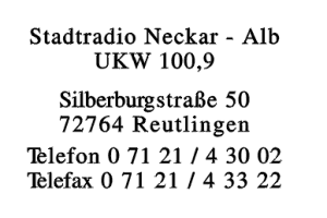 Stadtradio Neckar - Alb, UKW 100,9 Stadtradio Neckar - Alb, UKW 100,9