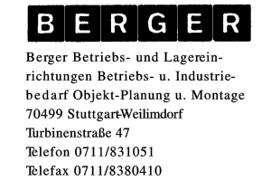 Berger Betriebs- und Lagereinrichtungen Betriebs- u. Industriebedarf Objekt-Planung u. Montage