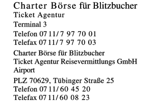 Charter Börse für Blitzbucher Ticket Agentur Reisevermittlungs GmbH Airport Stuttgart