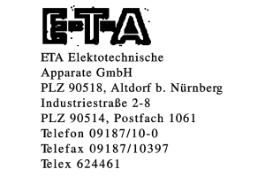ETA Elektrotechnische Apparate GmbH ETA Elektrotechnische Apparate GmbH